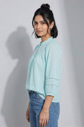 Mint Green Elegant Mandarin Collar Gathered Top