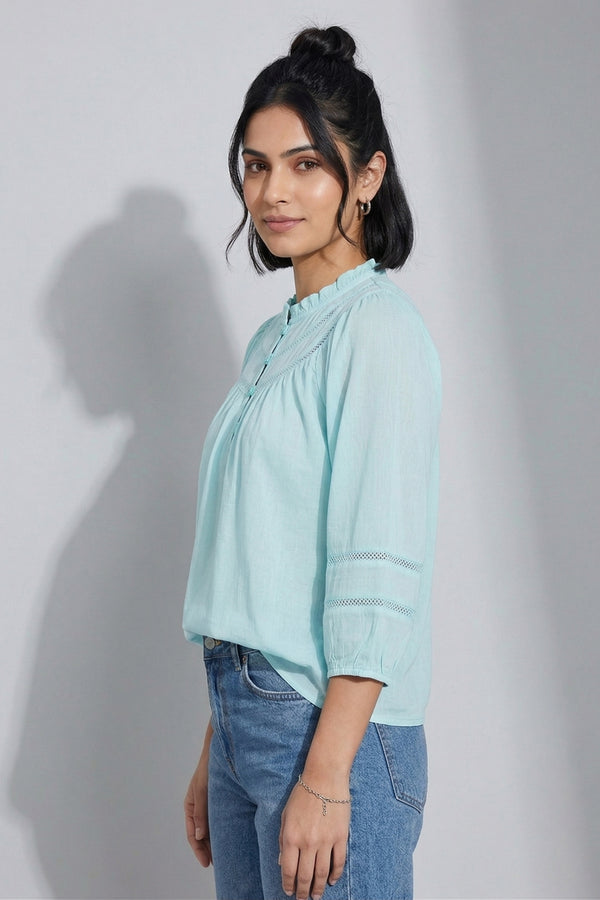 Mint Green Elegant Mandarin Collar Gathered Top