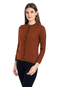 Women's Solid Rust Brown Round Neck Knitted Cardigan
