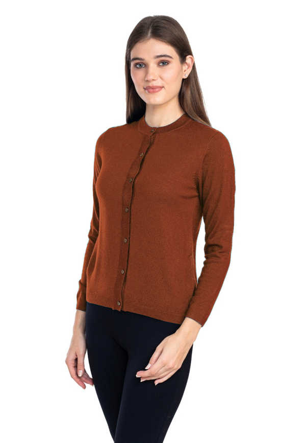 Women's Solid Rust Brown Round Neck Knitted Cardigan
