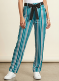 Women's Teal Striped Straight-Leg Trousers with Tie-Up Belt