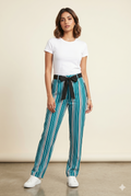 Women's Teal Striped Straight-Leg Trousers with Tie-Up Belt
