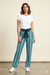 Women's Teal Striped Straight-Leg Trousers with Tie-Up Belt
