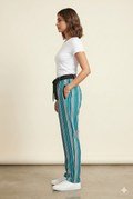 Women's Teal Striped Straight-Leg Trousers with Tie-Up Belt