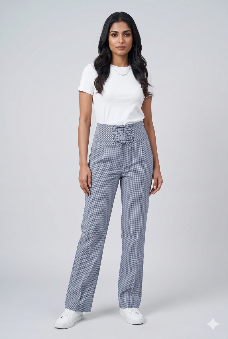 Women's Black & White Gingham Straight-Leg Trousers