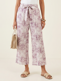 Women's Lilac Printed Wide-Leg Culotte Pants with Tie-Up Belt