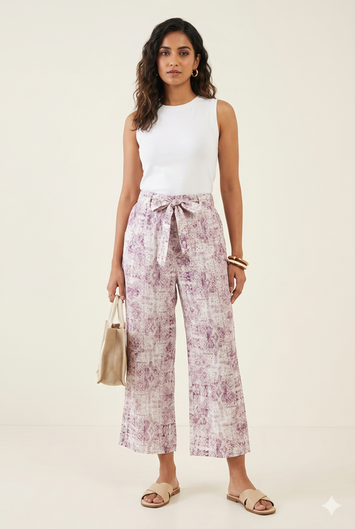 Women's Lilac Printed Wide-Leg Culotte Pants with Tie-Up Belt