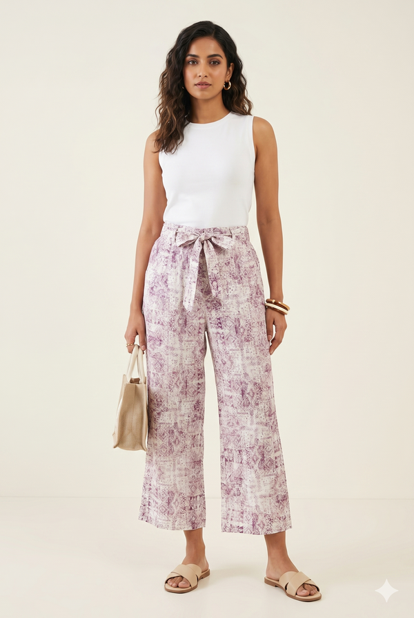 Women's Lilac Printed Wide-Leg Culotte Pants with Tie-Up Belt
