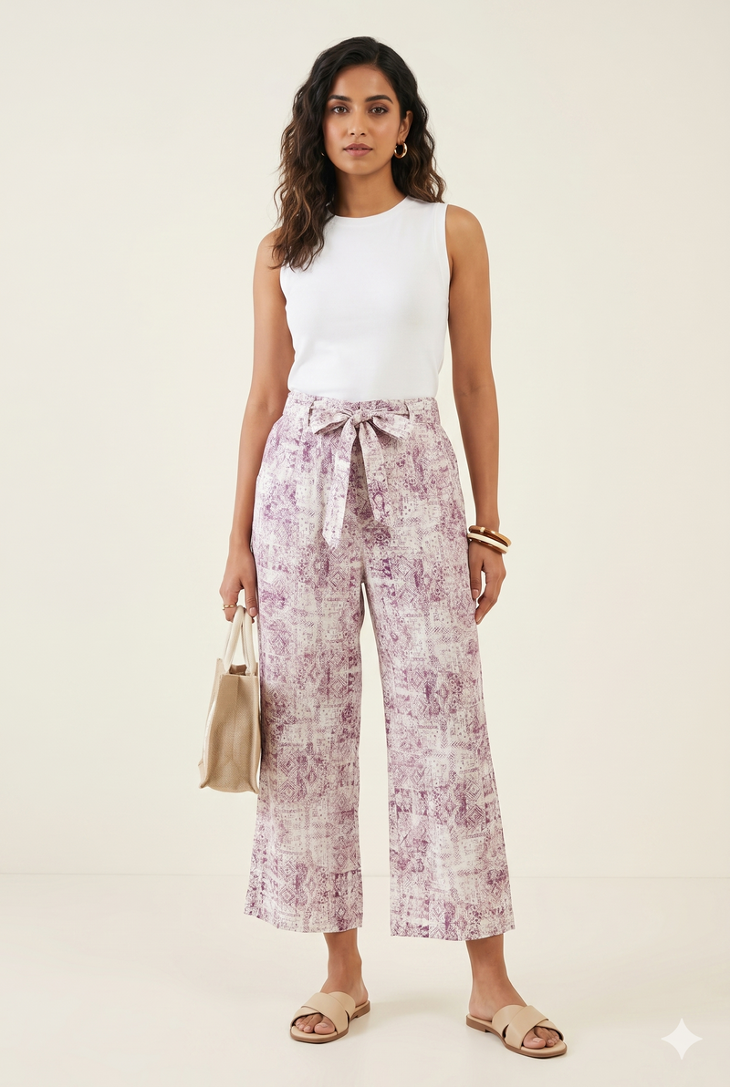Women's Lilac Printed Wide-Leg Culotte Pants with Tie-Up Belt
