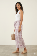 Women's Lilac Printed Wide-Leg Culotte Pants with Tie-Up Belt