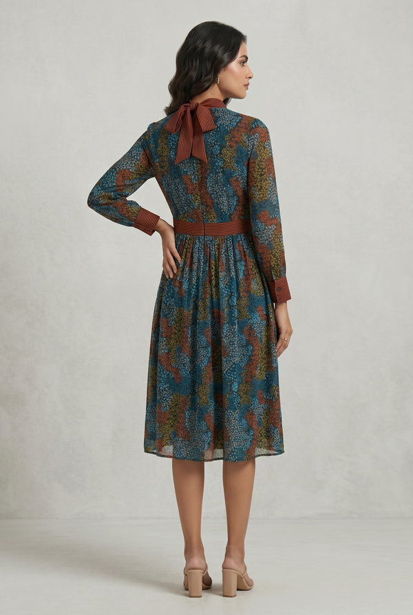 Vintage Bloom Bow-Tie Midi Dress