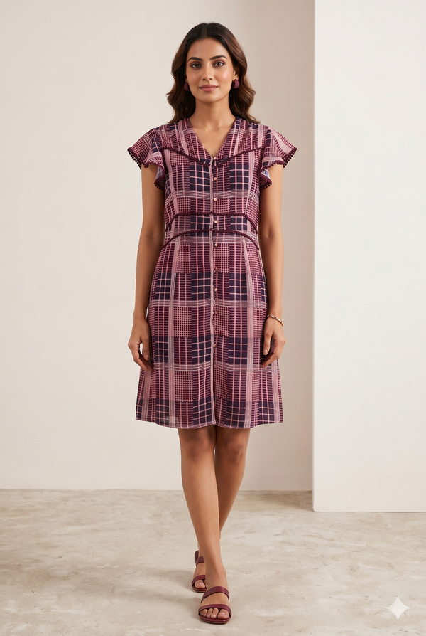 Women's Checked Layered Ruffle Dress