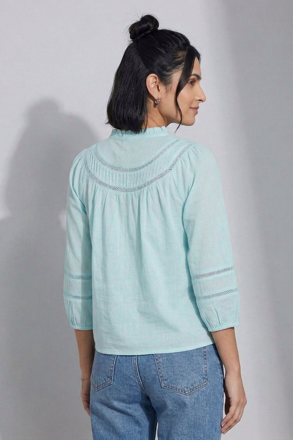 Mint Green Elegant Mandarin Collar Gathered Top