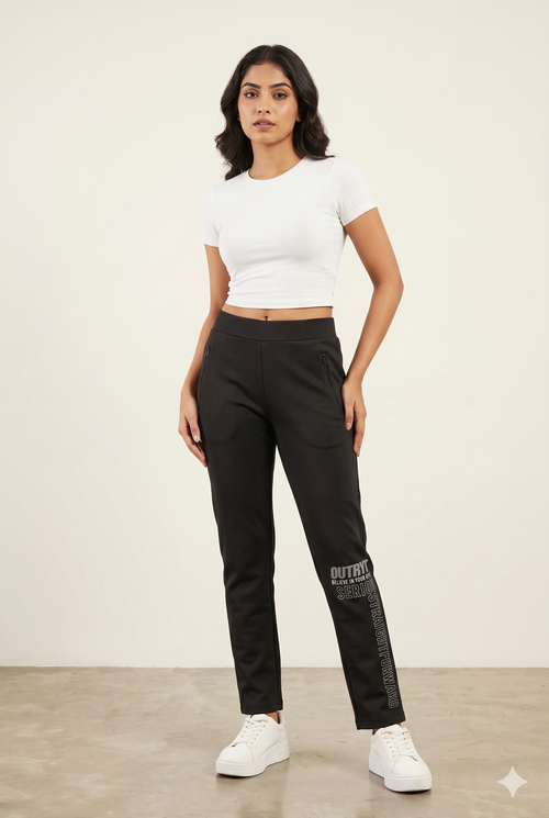 Women's Black Graphic Print Slim-Fit Track Pants