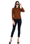 Women's Solid Rust Brown Round Neck Knitted Cardigan
