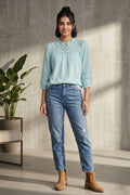 Mint Green Elegant Mandarin Collar Gathered Top