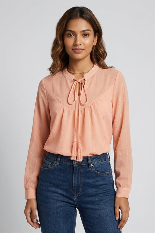 Womens Peach Self-Design Tie-Up Neck Top
