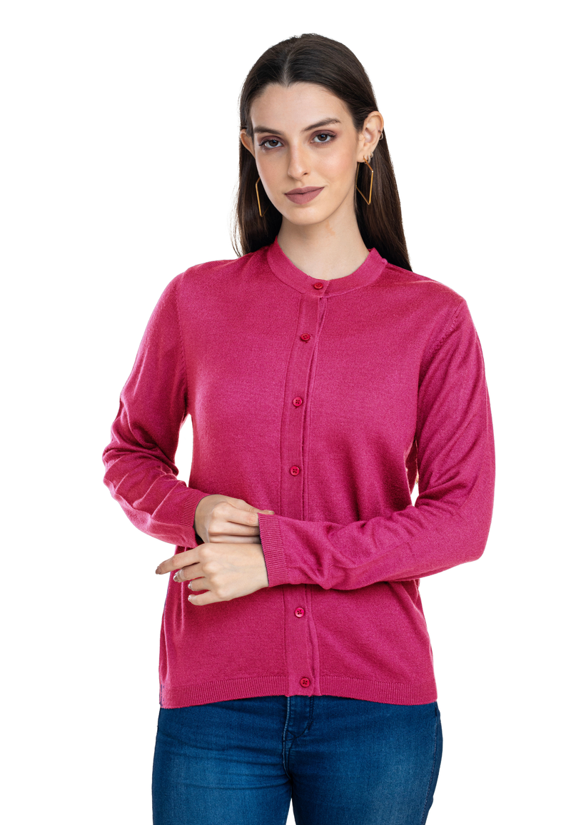 Women's Solid Pink Round Neck Knitted Cardigan