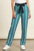 Women's Teal Striped Straight-Leg Trousers with Tie-Up Belt