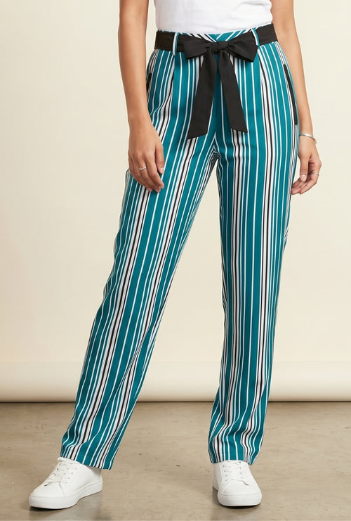 Women's Teal Striped Straight-Leg Trousers with Tie-Up Belt