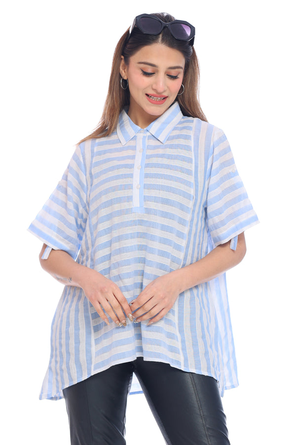 Women's Light Blue and White Striped High-Low Shirt Top