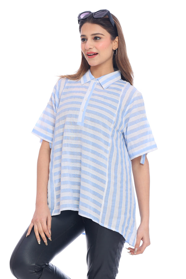 Women's Light Blue and White Striped High-Low Shirt Top