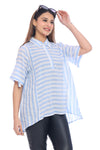 Women's Light Blue and White Striped High-Low Shirt Top