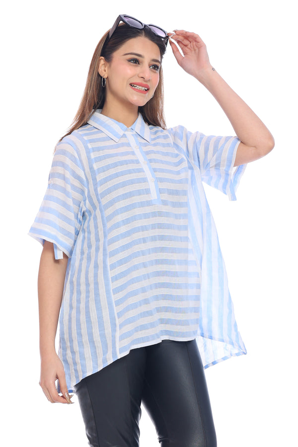Women's Light Blue and White Striped High-Low Shirt Top