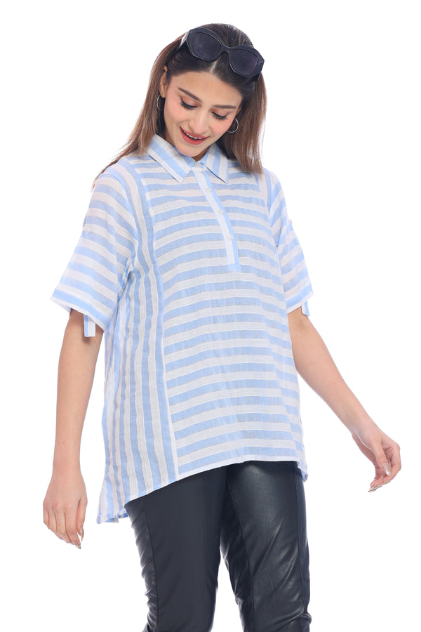 Women's Light Blue and White Striped High-Low Shirt Top