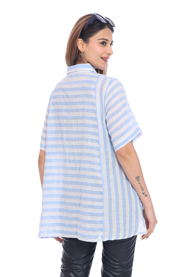 Women's Light Blue and White Striped High-Low Shirt Top