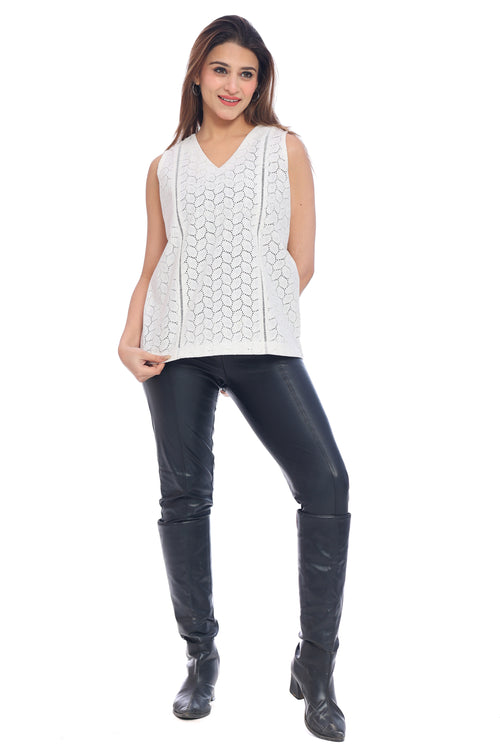 Women's White Cotton Eyelet Sleeveless Top