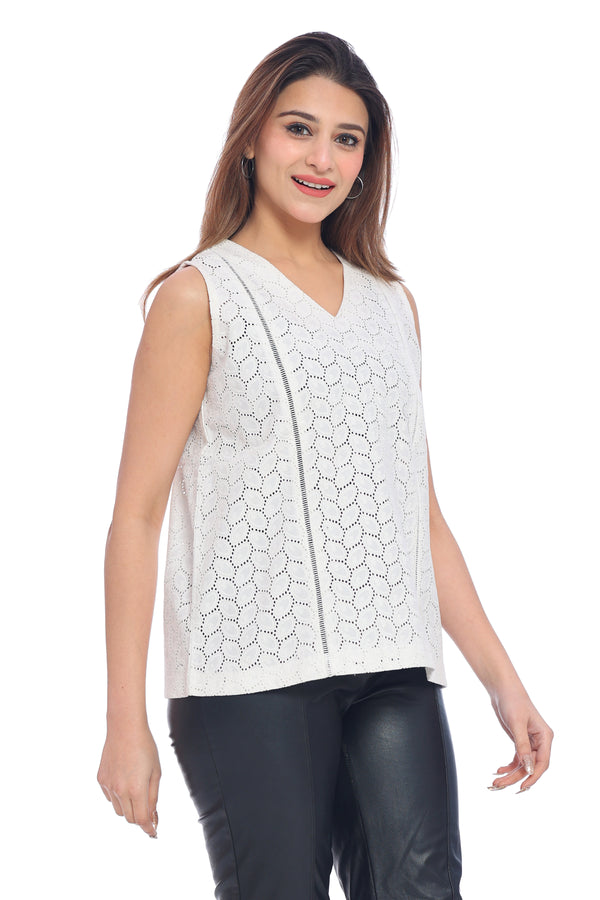 Women's White Cotton Eyelet Sleeveless Top
