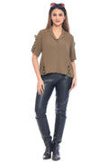 Women's Olive Green Short Sleeve Shirt with Lace Detailing
