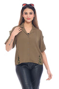 Women's Olive Green Short Sleeve Shirt with Lace Detailing
