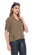 Women's Olive Green Short Sleeve Shirt with Lace Detailing