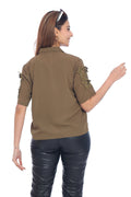 Women's Olive Green Short Sleeve Shirt with Lace Detailing