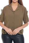 Women's Olive Green Short Sleeve Shirt with Lace Detailing