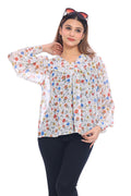 Women's White Multicolor Floral Printed Sheer Top