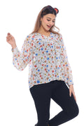 Women's White Multicolor Floral Printed Sheer Top