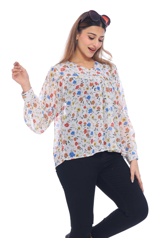 Women's White Multicolor Floral Printed Sheer Top