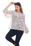 Women's White Multicolor Floral Printed Sheer Top