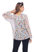 Women's White Multicolor Floral Printed Sheer Top