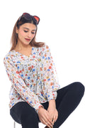 Women's White Multicolor Floral Printed Sheer Top
