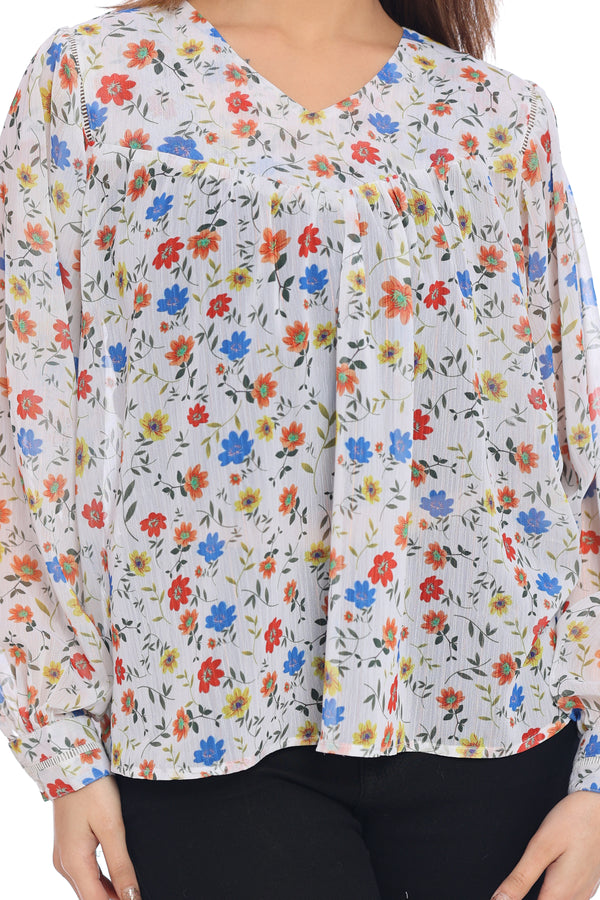Women's White Multicolor Floral Printed Sheer Top