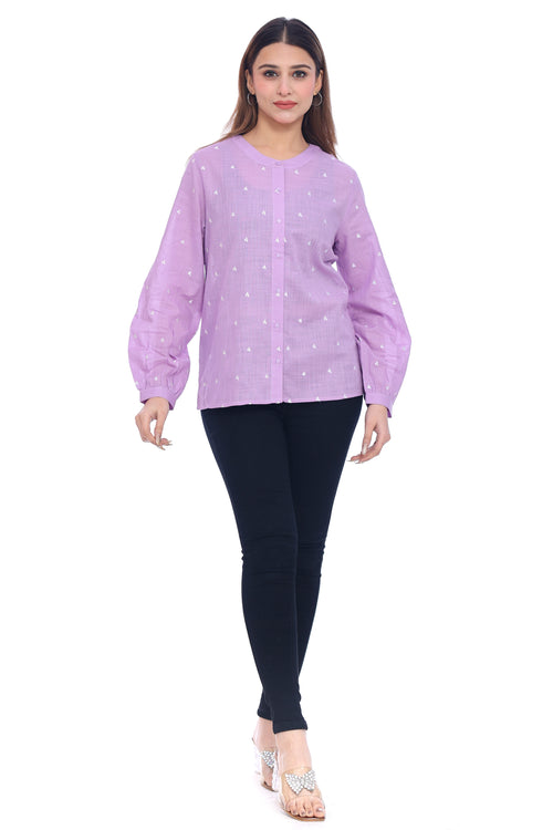 Women's Lilac Embroidered Cotton Shirt Full Sleeves