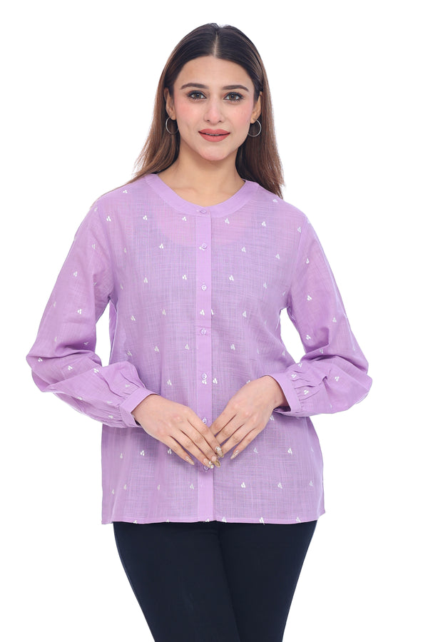Women's Lilac Embroidered Cotton Shirt Full Sleeves