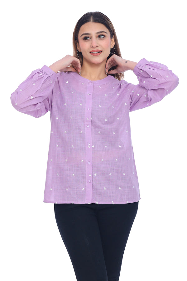Women's Lilac Embroidered Cotton Shirt Full Sleeves