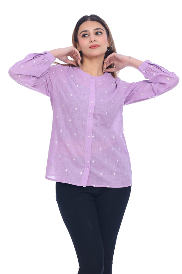 Women's Lilac Embroidered Cotton Shirt Full Sleeves