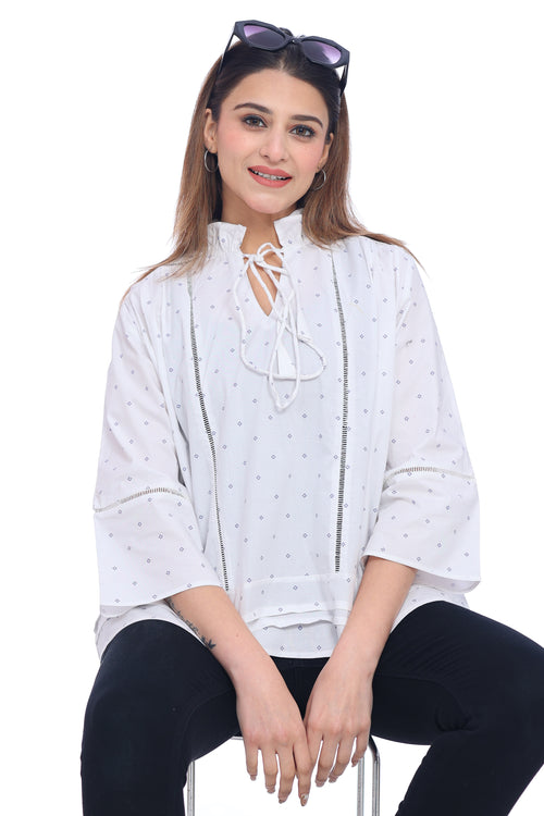 Women's White Printed Top with Tie-Up Neck and Pintuck Details