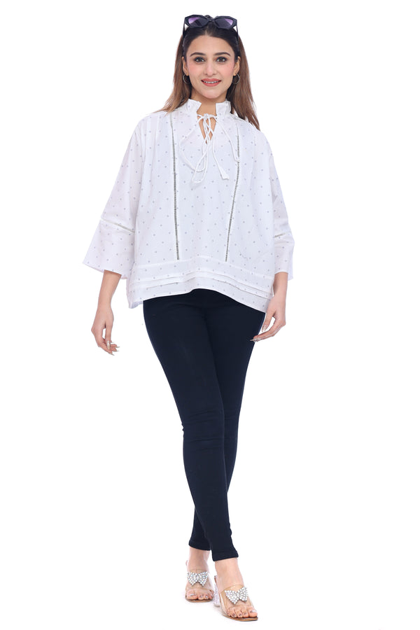 Women's White Printed Top with Tie-Up Neck and Pintuck Details